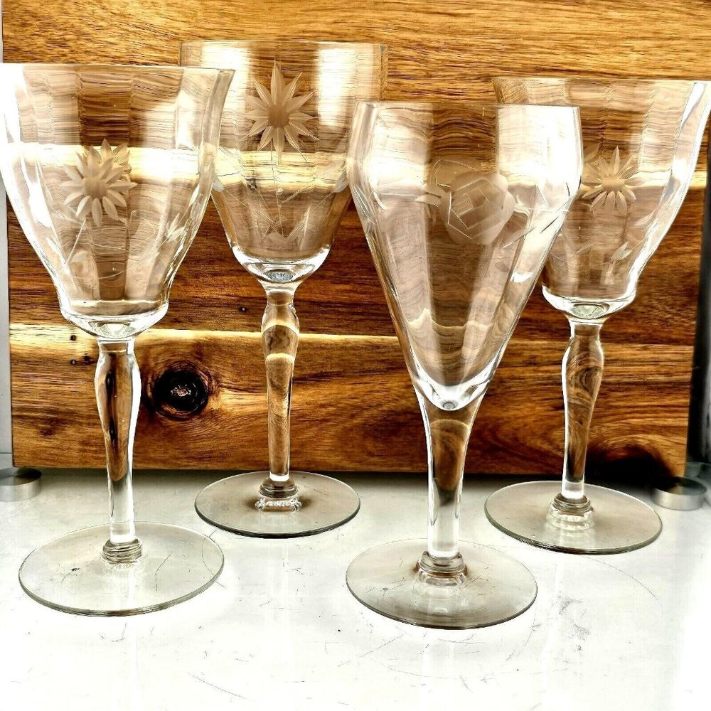 4 Etched Floral Wine Cocktail Glasses Elegant Mixed Designs mismatched flaw   #0